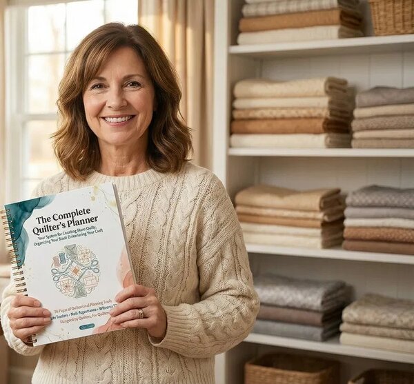 Happy quilter with The Complete Quilter's Planner