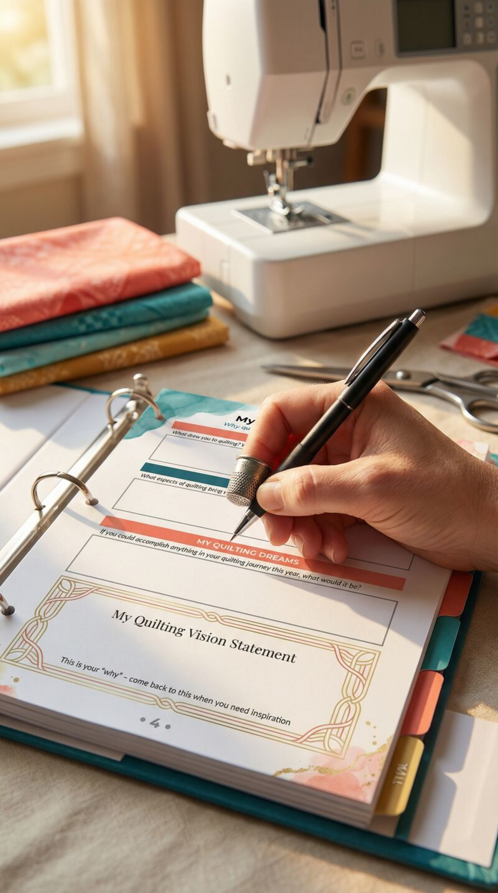Printed planner in binder next to sewing machine