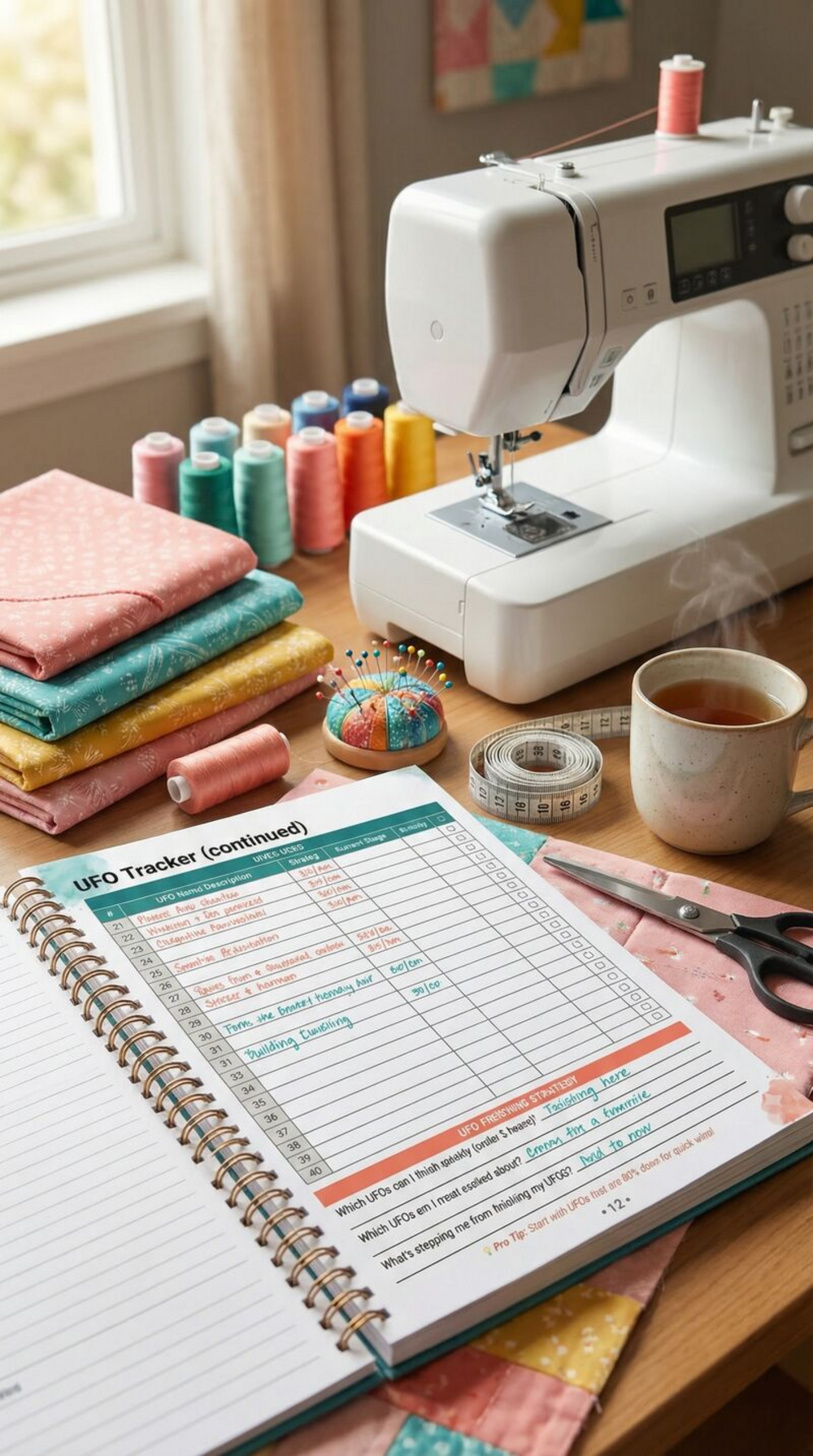 Planner open on sewing table with quilting supplies