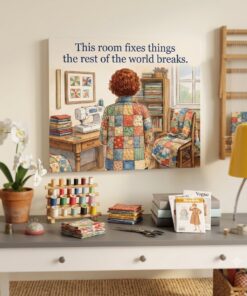 Sewing Room Wall Art - Quilter in Patchwork Jacket Matte Canvas Stretched